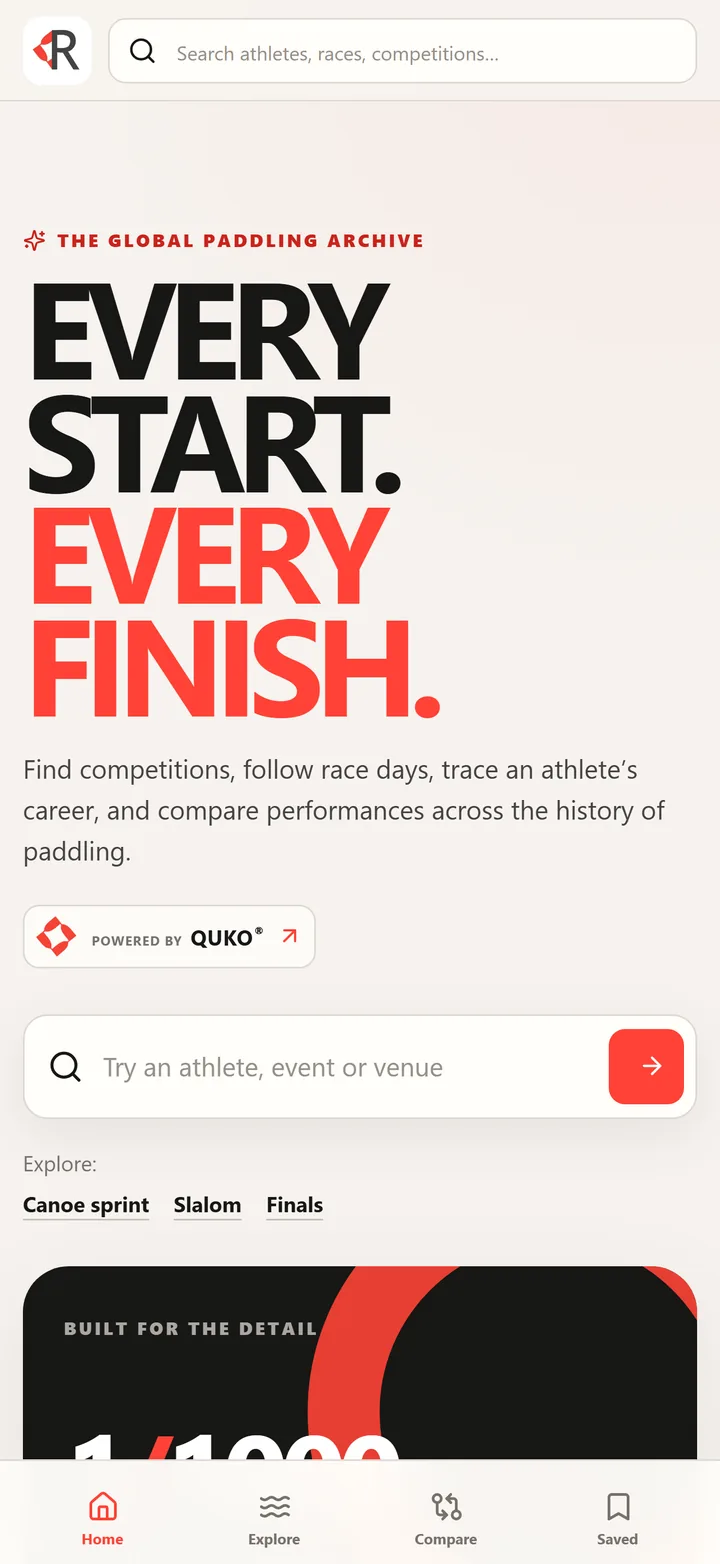 Paddle Results home screen: “Every start. Every finish.” with a search box for athletes, events and venues